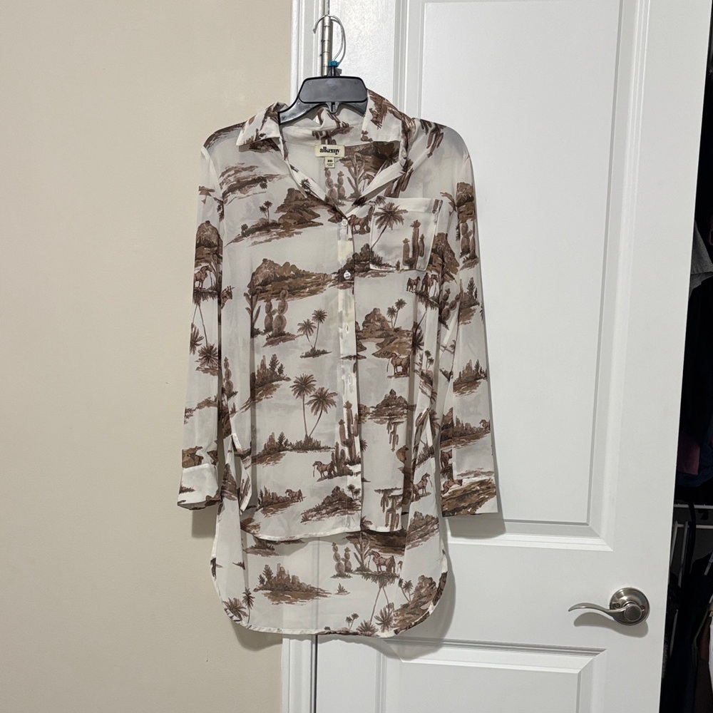 Chico's Cream and Brown Scenic Print Blouse